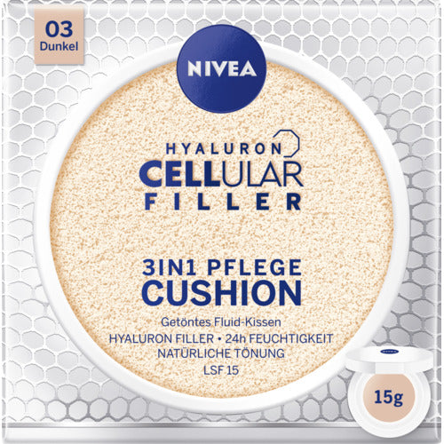 „Nivea Hyaluron CELLular Filler 3in1 Care Cushion Makeup“ makiažo pagrindas SPF15 – švelniai dengiantis makiažas kempinėlėje, 15 g