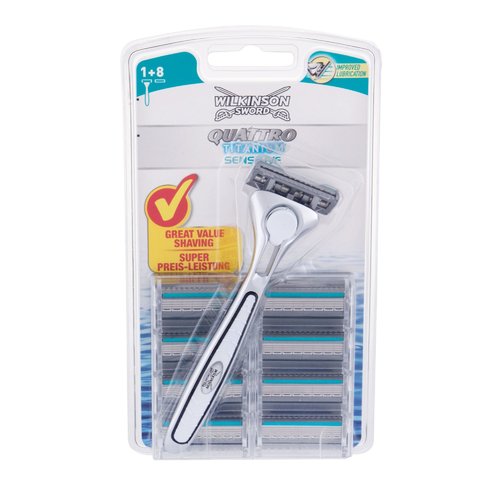Wilkinson Sword Quattro Titanium Sensitive rinkinys – skustuvas su viena galvute + atsargine galvute (8 vnt.)