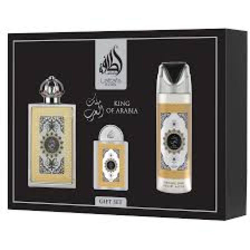 Lattafa Perfumes King Of Arabia Dárková sada EDP 100 ml, deospray 200 ml a EDP 20 ml