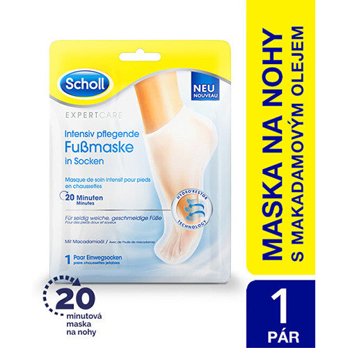 „Scholl Pedi Mask Expert Care Foot Mask“ – maitinamoji pėdų kaukė su makadamo aliejumi.