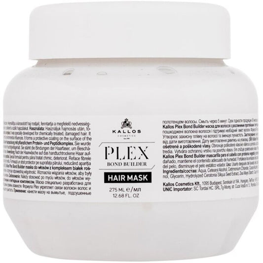 Kallos Plex Bond Builder plaukų kaukė – atkuriamoji kaukė chemiškai paveiktiems ir pažeistiems plaukams.