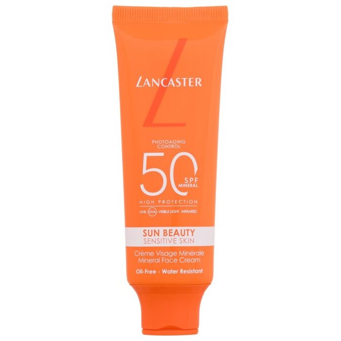 „Lancaster Sun Beauty“ jautrios odos mineralinis veido kremas su SPF50 – apsauginis veido kremas nuo saulės jautriai ir į spuogus linkusiai odai.