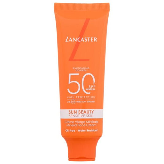 „Lancaster Sun Beauty“ jautrios odos mineralinis veido kremas su SPF50 – apsauginis veido kremas nuo saulės jautriai ir į spuogus linkusiai odai.