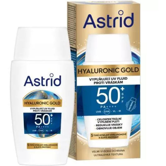 Astrid Hyaluronic Gold Fluid SPF 50 – užpildantis kasdienis veido skystis