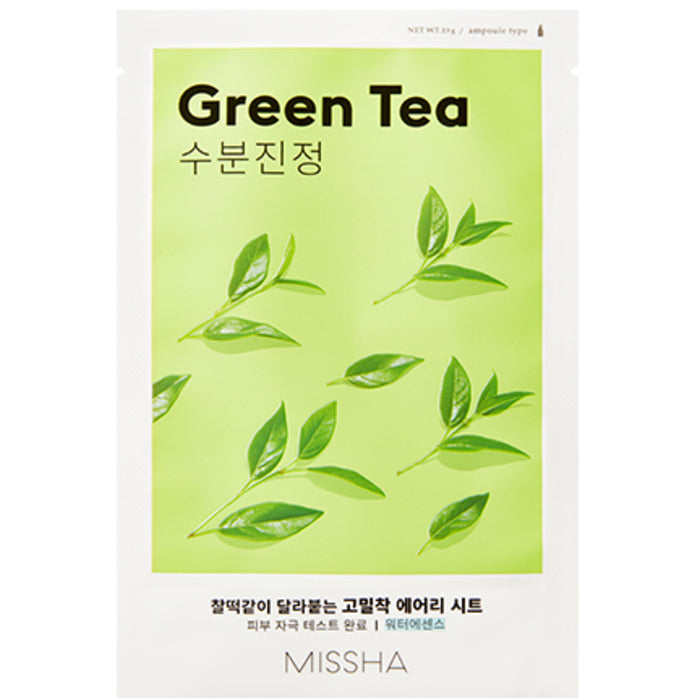 „Missha Airy Fit Sheet Mask Green Tea“ – raminanti lakštinė veido kaukė su žaliąja arbata