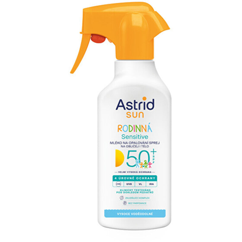 Astrid Sensitive Spray SPF 50+ – šeimos purškiamas įdegio losjonas