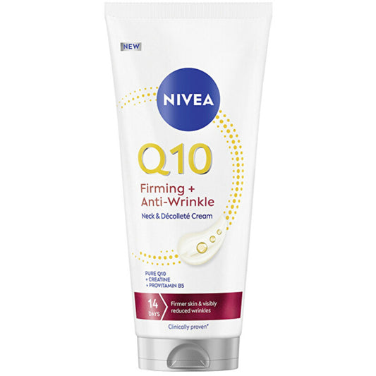 „Nivea Firming and Pre-Wrinkle Neck & Décolleté Cream Q10“ – stangrinamasis kremas kaklui ir dekoltė sričiai.