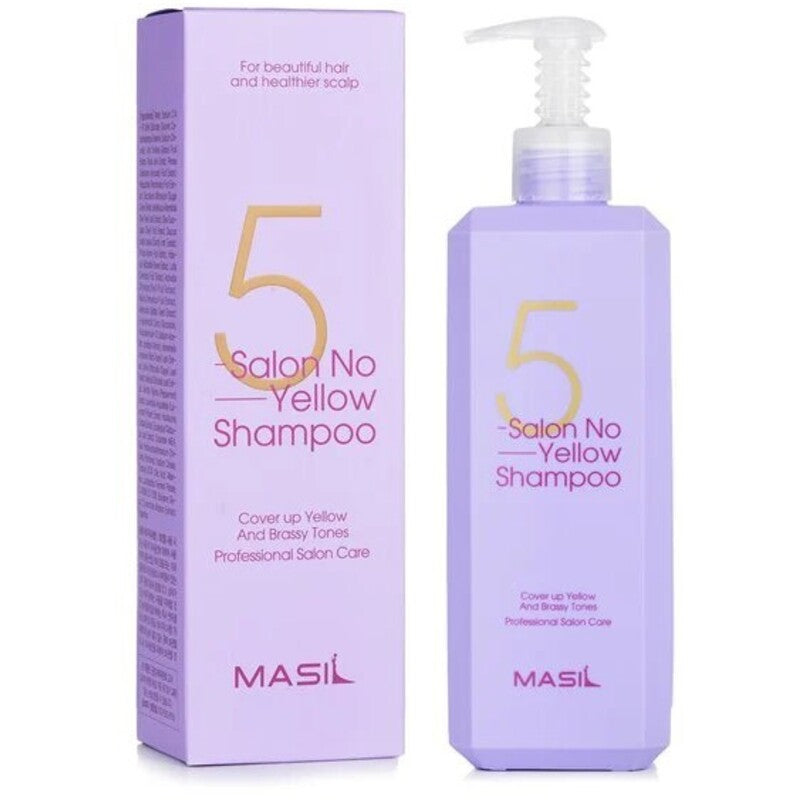 „Masil 5 Salon No Yellow“ šampūnas – violetinis šampūnas, neutralizuojantis geltonus atspalvius.