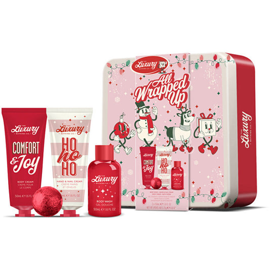 „Grace Cole“ kalėdinis kūno priežiūros rinkinys skardinėje (kalėdiniai saldainiai, kakava ir vanilė) – kūno priežiūros dovanų rinkinys skardinėje