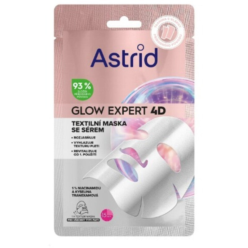Astrid Glow Expert 4D kaukė – tekstilinė kaukė su niacinamidu, skirta odos skaistinimui ir lyginimui.