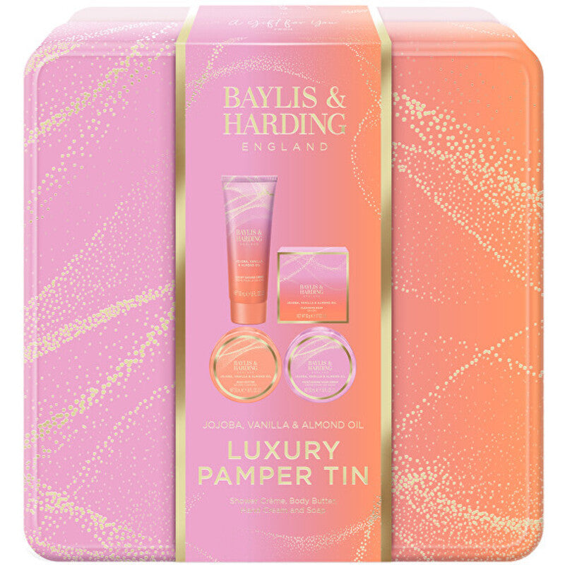 „Baylis & Harding Luxury Pamper Tin“ (simondsijų, vanilės ir migdolų aliejaus) – kūno priežiūros dovanų rinkinys
