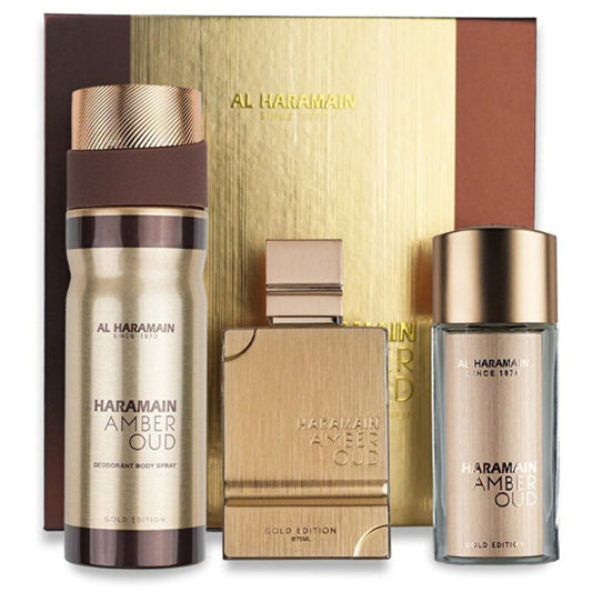 Al Haramain Amber Oud Gold Edition Extreme Gift Set Extrait de Parfum 75 ml, extrait de parfum 30 ml and body veil 250 ml