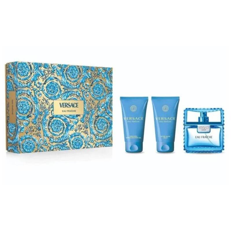Versace Man Eau Fraiche dovanų rinkinys EDT 50 ml dušo gelis Man Eau Fraiche 50 ml po skutimosi balzamas Man Eau Fraiche 50 ml